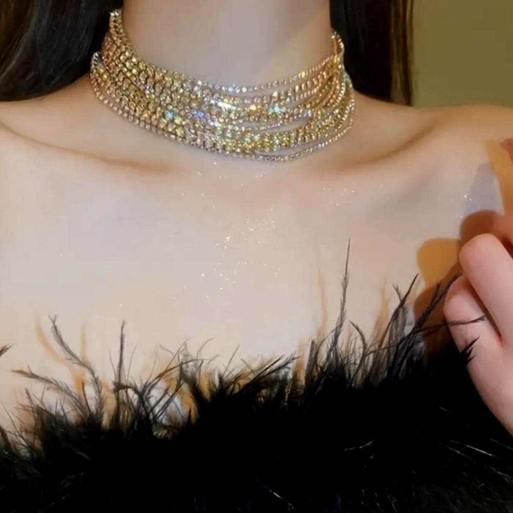 Luxury Multi-Layer Rhinestone Choker Necklace, Statement Collar, Glitters
